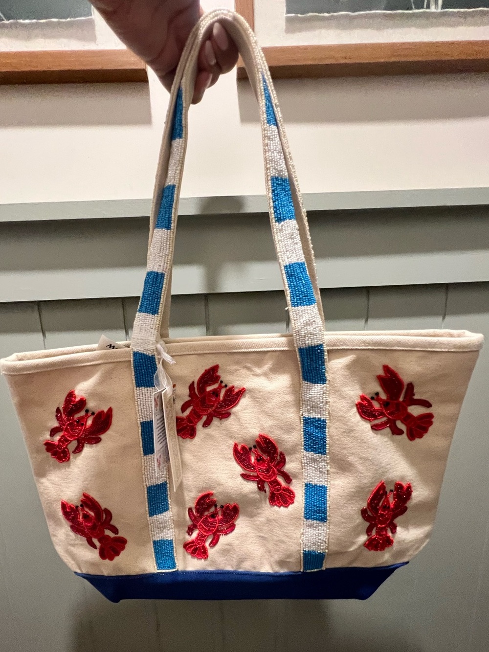 Sequin Lobster Canvas Tote Bag in Cream and Blue